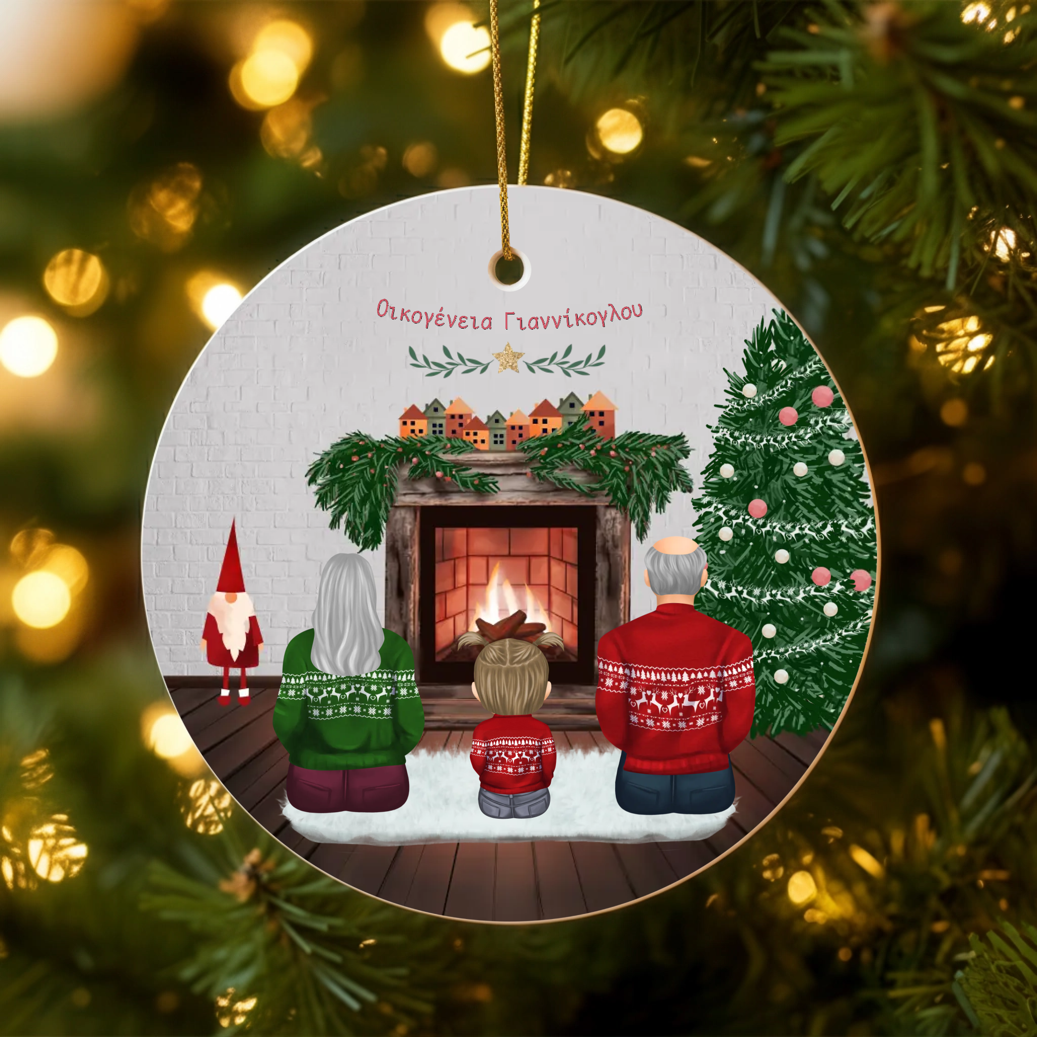 Στολίδι / Γούρι Χριστουγέννων 7,6εκ - Γιαγιά - Παππούς - Οικογένεια στο Τζάκι