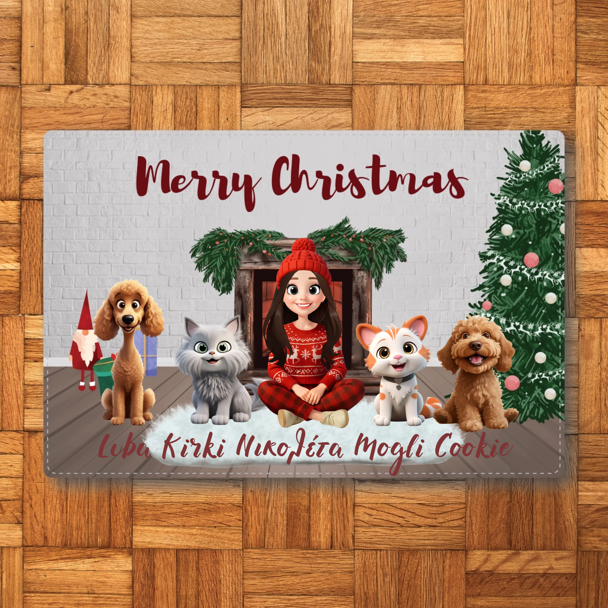 Εξατομικευμένο Χαλάκι Χριστουγέννων - Κοπέλα με Κατοικίδια και Ονόματα