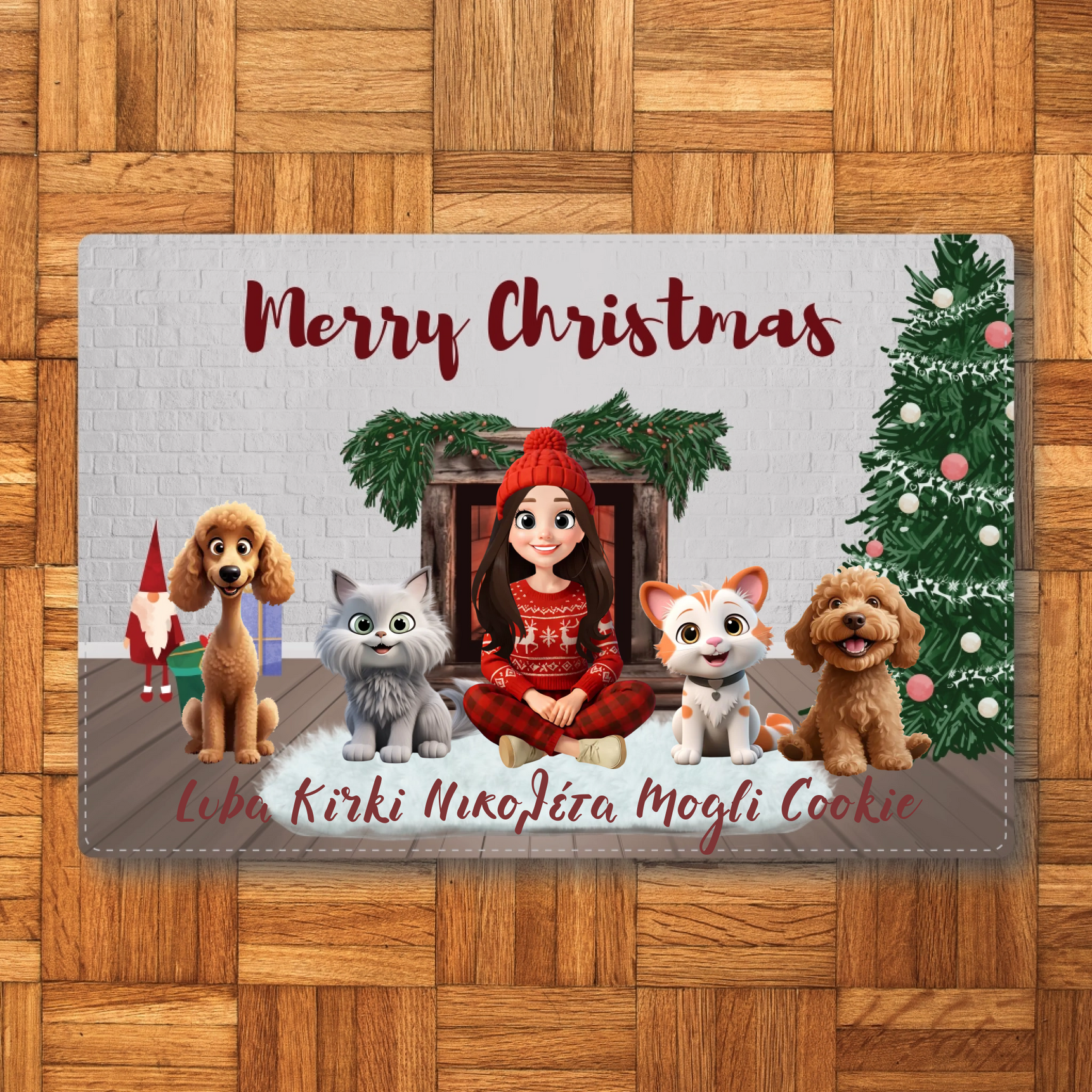 Εξατομικευμένο Χαλάκι Χριστουγέννων - Κοπέλα με Κατοικίδια και Ονόματα