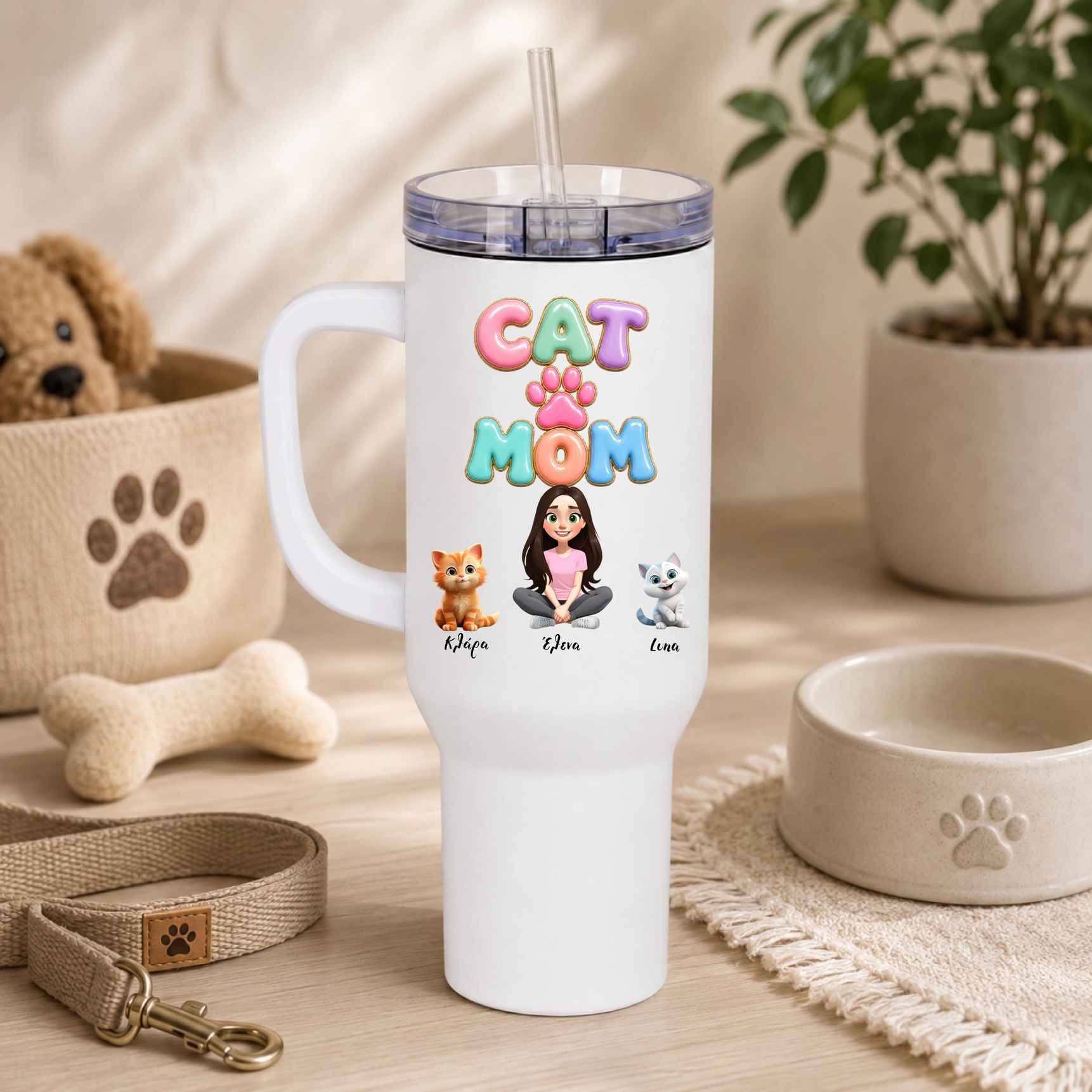 Ποτήρι Θερμός 1200ml Εξατομικευμένο - Cat Mom με Γάτες και Ονόματα