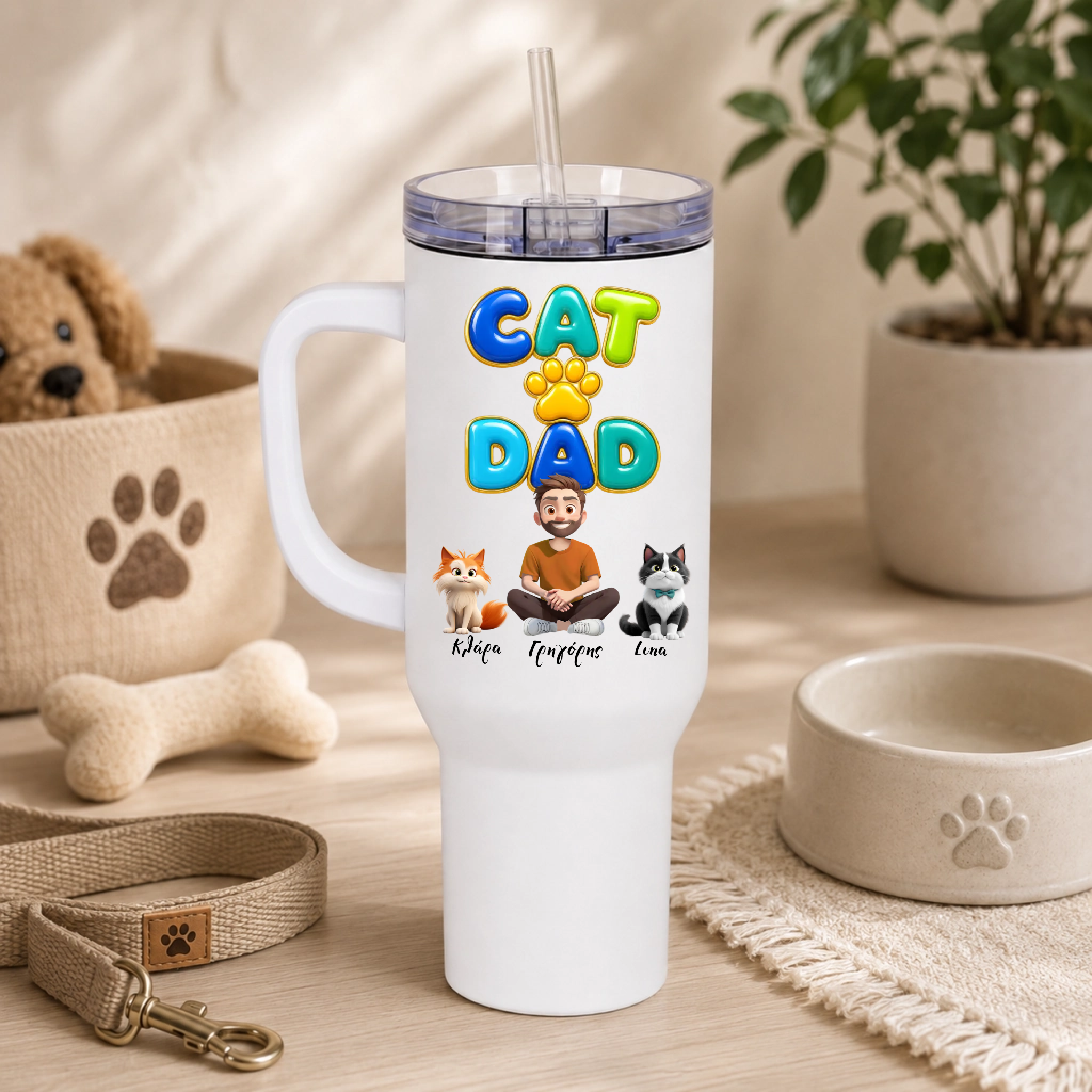 Ποτήρι Θερμός 1200ml Εξατομικευμένο - Cat Dad με Γάτες και Ονόματα